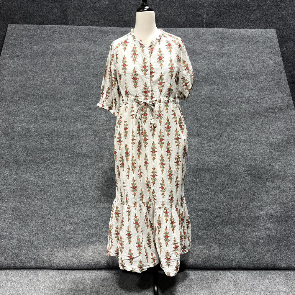 Banjanan Dress Womens Medium White Floral Cotton Maxi Boho Tiered Lined Peasant